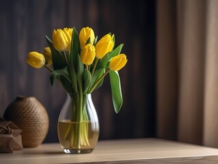 Bouquet of yellow tulips in vase on wooden table.