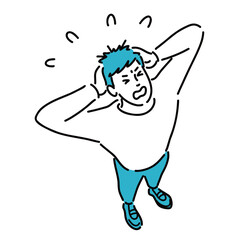 焦っている若い男性を斜め上から見たイラスト
