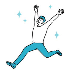 全身　嬉しそうに手をあげてスキップしている若い男性
