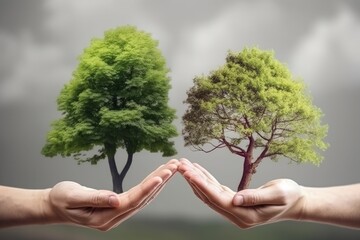 Hand holding glass globe ball with tree growing and green nature blur background. eco concept. Generative Ai