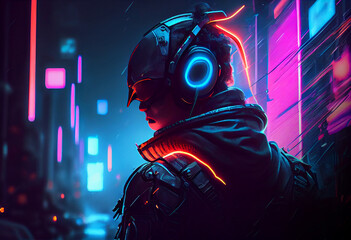 Avatar man with neon headphones listen to music. Futuristic and cyberpunk style concept.