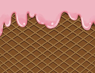 Pink strawberry ice cream with cone waffle