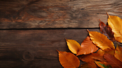Naklejka na ściany i meble Top view a wooden table with autumn leaves on it. Generated AI