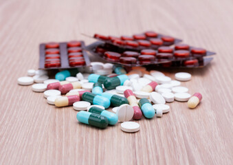 colorful pills with capsules and pills put on the hospital pharmacy dispensing table Pharmacies and clinics' health care