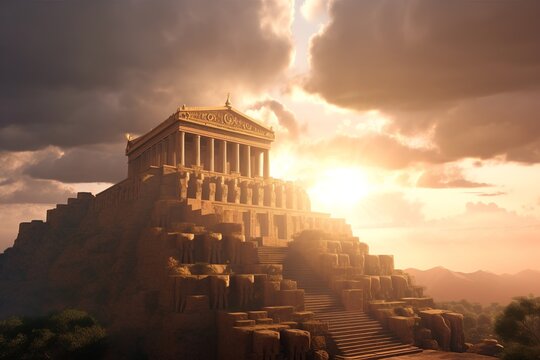 Enchanting illustration of forgotten Ancient Greek temple, overshadowed by imposing goddess statue, with beams of sunlight piercing through clouds. generative ai
