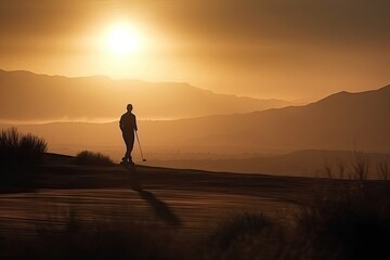 Fototapeta premium Male Pro Golfer Golfing On Golf Course At Sunrise Generative AI