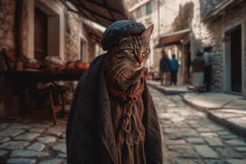 Cute cat wearing ancient clothes and walk in old town Kotor - obrazy, fototapety, plakaty