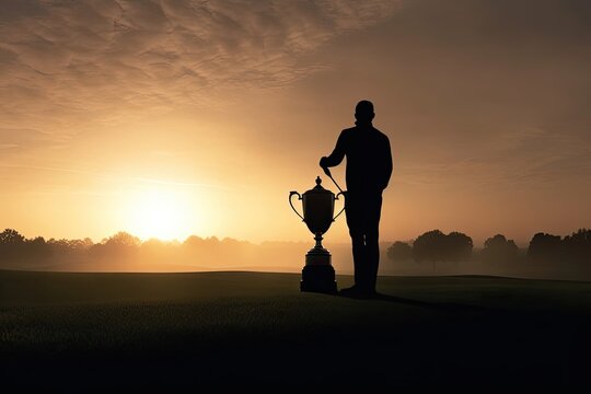 Male Golfers With Trophy Golfing On Fairway At Sunset Generative AI