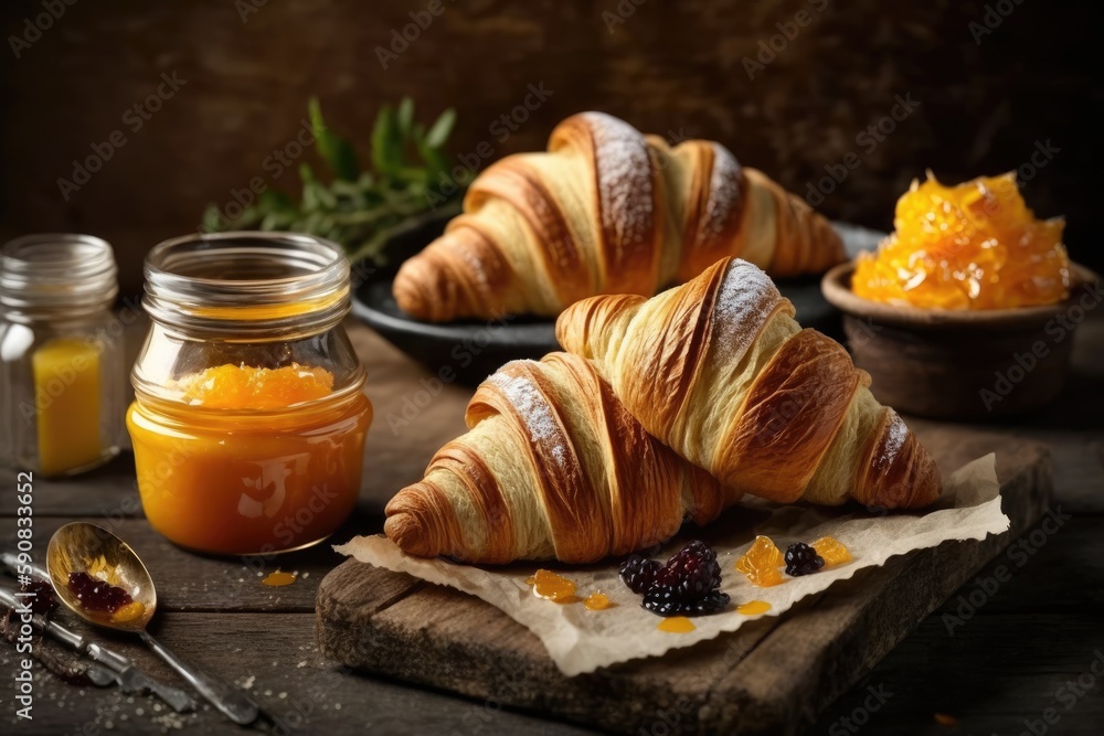 Poster croissants with jam and butter on a table. generative ai