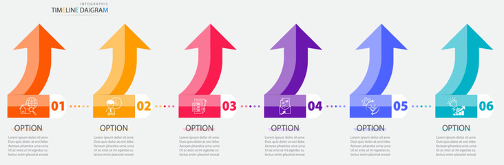 Timeline infographic template with 6 options for display business data and statistics.Vector design can be used for banners, processes, 