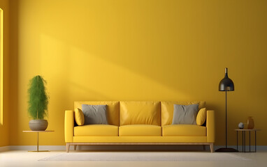 Modern living room with sofa, Yellow wall interior living room have yellow sofa and decoration minimal