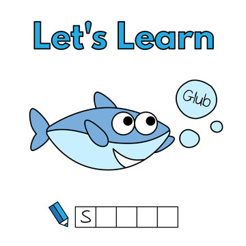 Cartoon shark learning game for small children - write the word. Vector illustration for kids