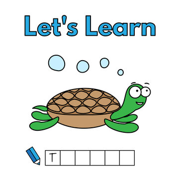 Cartoon sea turtle learning game for small children - write the word. Vector illustration for kids