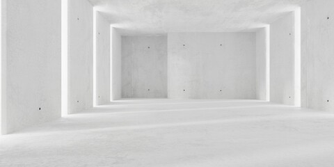 Abstract large, empty, modern concrete room with light from wall openings left and right and rough floor - industrial interior background template