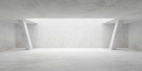 Fototapeta premium Abstract large, empty, modern concrete room with large ceiling opening in the back, sloped thin pillars left and right and rough floor - industrial interior background template