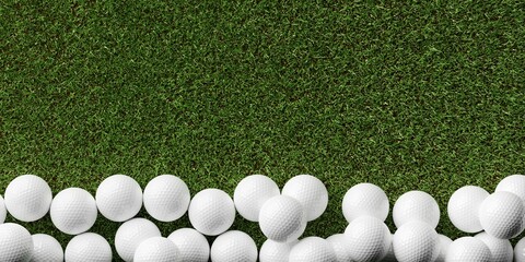 White golf ball border on the bottom of the frame over green grass background with copy space top view from above