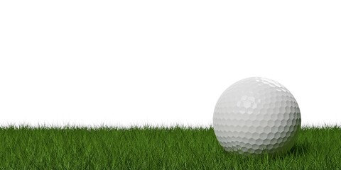 White golf ball on green grass or lawn over white background with copy space