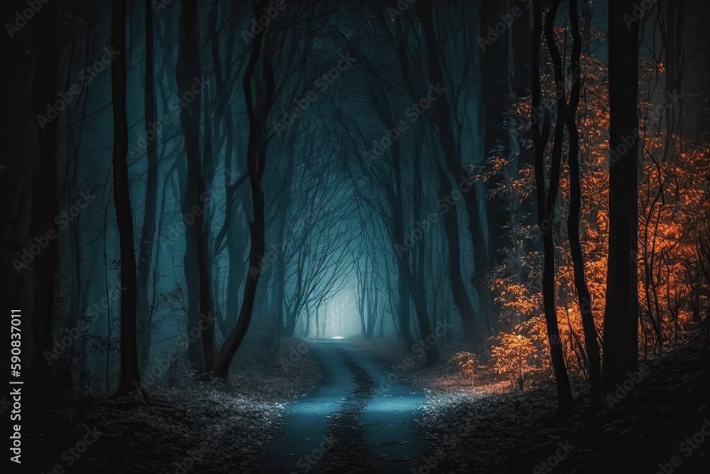 Poster mysterious forest with a bright light shining at the end of a path. generative ai