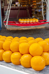 Detail of edam cheeses, town cheese market, Edam, North Holland, Netherlands