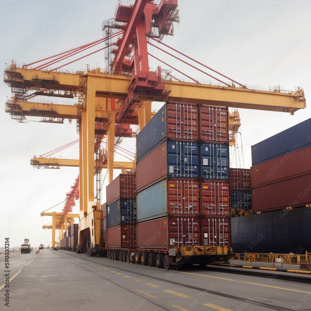 Poster containers are loaded with cargo freight in a logistical organization for import and export trade as