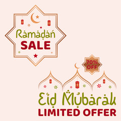 Ramadan sale stickers with red, green, orange, yellow and brown colors on the light (cream) background.