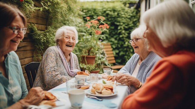 In a residential care facility, a content senior woman converses with her friends using Generative AI after lunch.