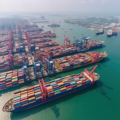 container cargo freight ship, transportation and logistic import export and transport industry of truck container cargo ship and cargo plane with working crane bridge in shipyard . generative ai