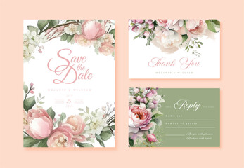 Wedding vector floral invite invitation thank you, rsvp card watercolor design set: garden flower pink peach Rose