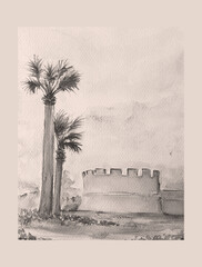 Watercolor drawing art of Cyprus landmark
