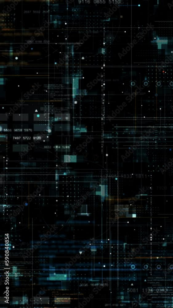 Poster motion graphic of blue data matrix simulation digital line and grid technology with futuristic hud s