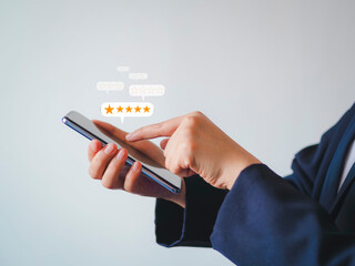 Customer saction ,business man giving Feedback satisfaction. Client Satisfaction Surveys, good, five stars, best product and service. Excellence guarantee. five stars Positive Review.ervice and Satisf