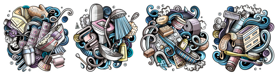 Bathroom cartoon vector doodle designs set