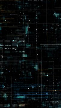 Motion graphic of Blue data matrix simulation digital line and grid technology with futuristic HUD screen on black background and vertical video abstract background concept