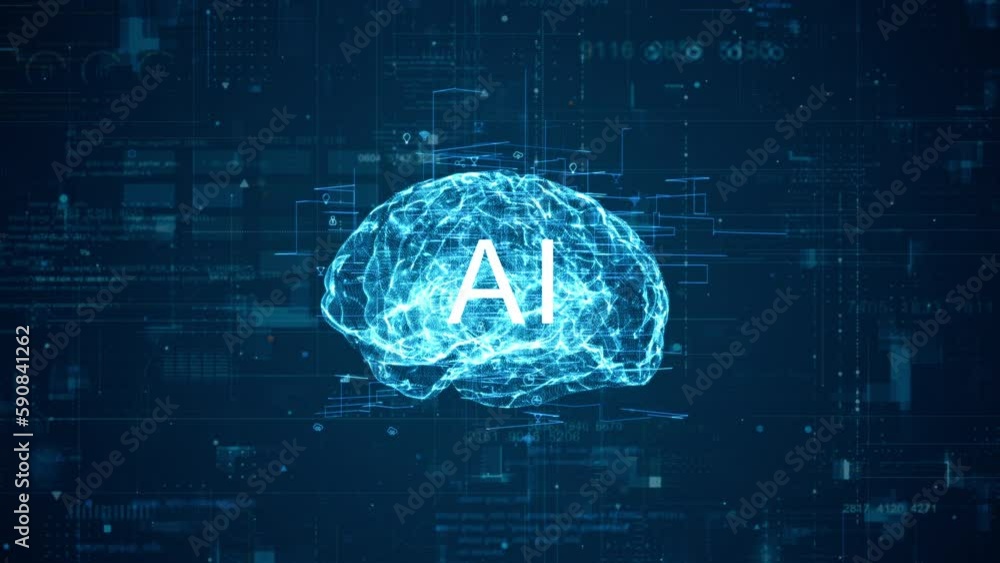 Poster motion graphic of 3d blue particle digital brain logo with artificial intelligence (ai) and grid lin