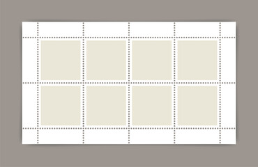 Post stamp template with perforated borders. Collection of empty sale coupons. Set of paper postmarks. Postal stickers for mail letter. Postage stamps set. Vector illustration.