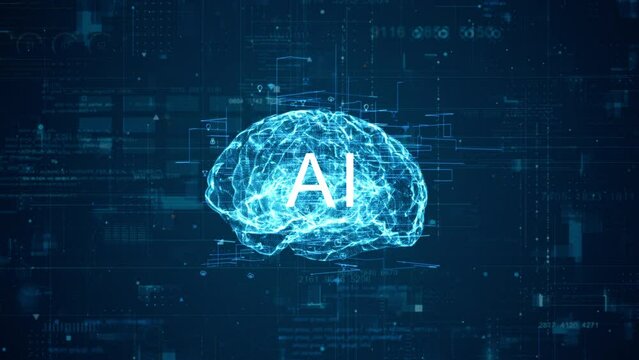 Motion graphic of 3D blue particle digital brain logo with artificial intelligence (AI) and grid line with technology icon rotation on futuristic HUD background abstract background concept