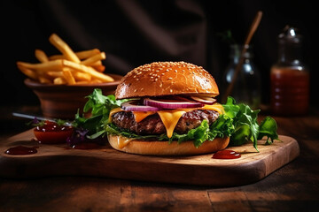 Illustration of a hamburger with French fries side on a wooden plate with vegetables and beef patty 