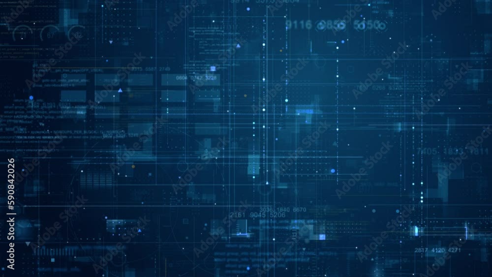 Poster motion graphic of blue data matrix simulation digital line and grid technology with futuristic hud s