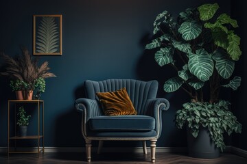 cozy living room with a blue accent chair and a green potted plant. Generative AI
