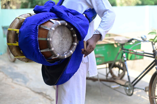 Indian percussion instrument called Thavil played at an South Indian wedding, India.