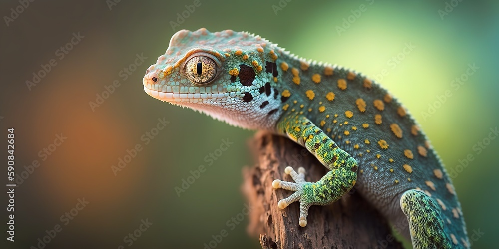 Poster a tokay gecko clings on a branch against a hazy green backdrop. generative ai