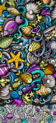 Sea life doodle banner. Cartoon detailed background
