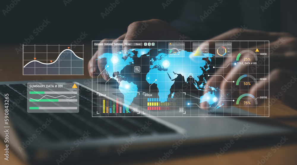 Wall mural young entrepreneur using big data analysis and cloud technology to collect customer data and display