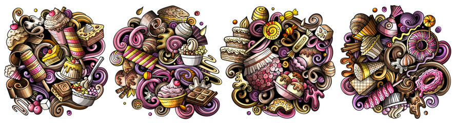 Desserts cartoon vector doodle designs set.