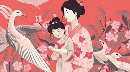 Asian woman with child, flowers and birds. Illustration created using Generative AI technology.