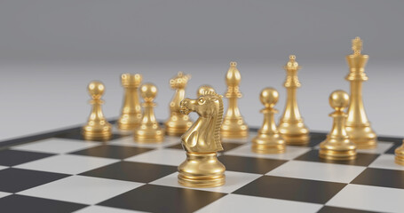 a golden chess set on a checkered board with a white background and a black and white checkered floor, 3 d render