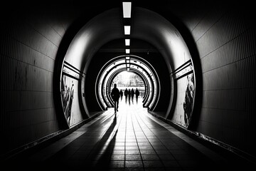 people walking through a dark tunnel in black and white. Generative AI