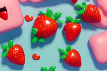 Fototapeta na wymiar STRAWBERY. Sweet and cute fruit-themed creatures. Cute high-poly. (AI)