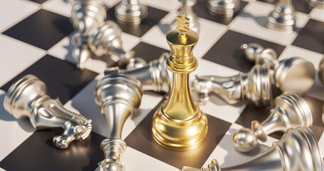 a chess board with a golden and silver chess set, 3D render