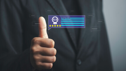Customer thumb up feedback comment from survey concept. Review give five star rating service experience best quality level excellent rank for giving best score point, certification warranty.